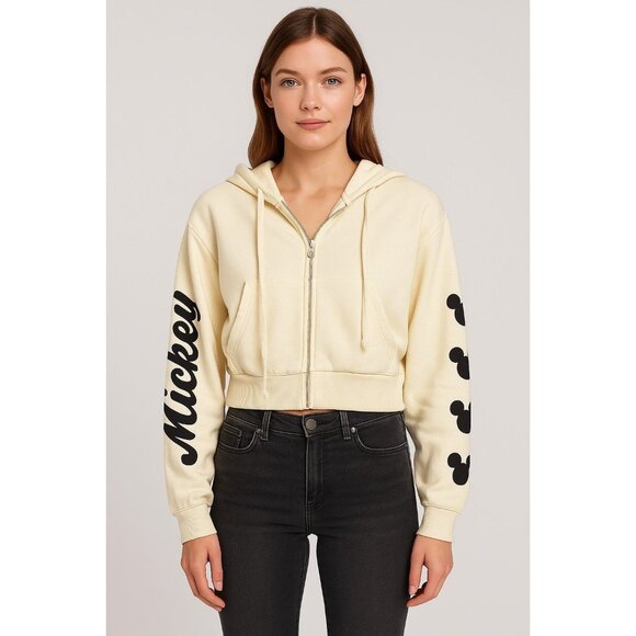 Disney Mickey Mouse Cream Zip-Up Hoodie XS – Retro Graphic Sweatshirt - Picture 1 of 9